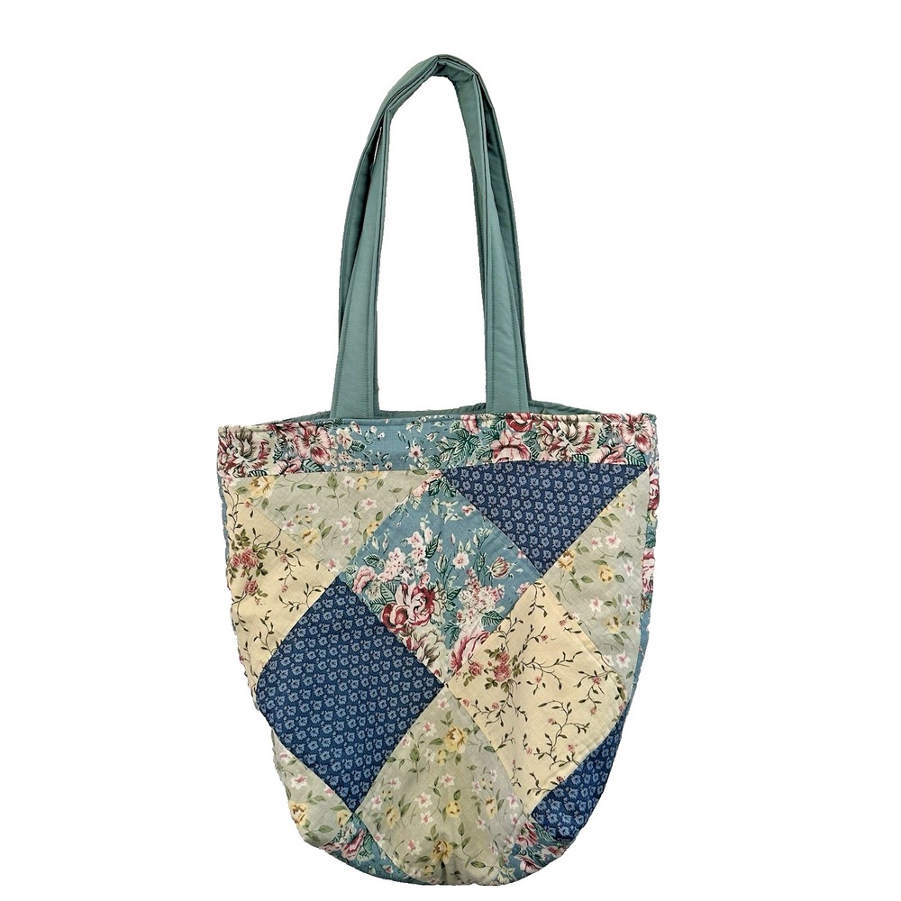 Handmade Patchwork Tote Bag‎ Upcycled VTG Quilt Blue Lining Medium Cotton Purse